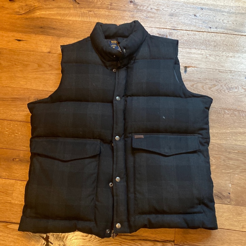 Woolrich wool puffy vest MENS. Wool and down, black and grey plaid.